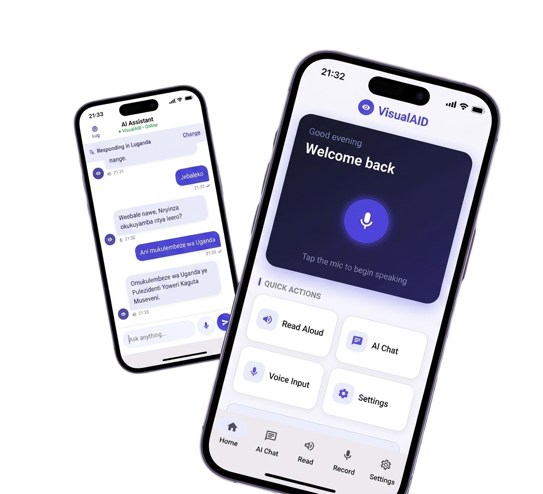 VisualAid app mockup showing two phones with the AI assistant interface